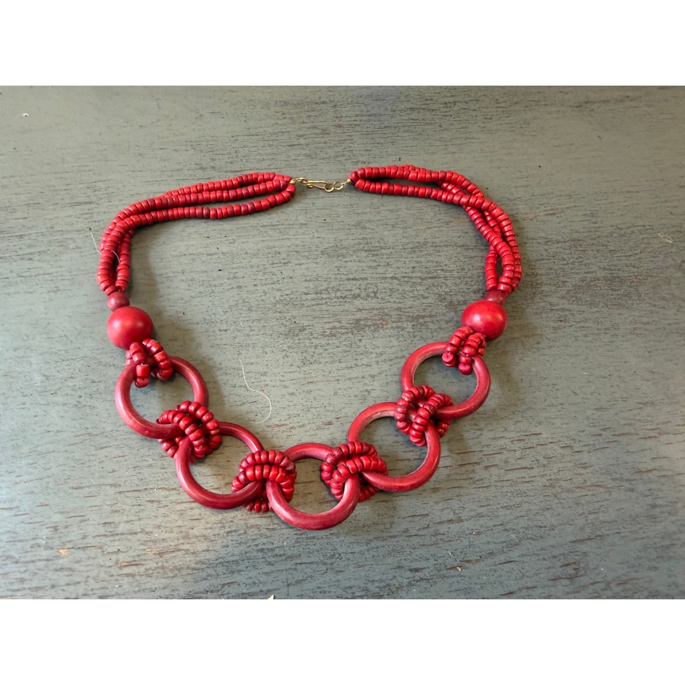 Vintage Red Wood Bead Statement Necklace Boho Multi Strand Chunky Ring Link 24in